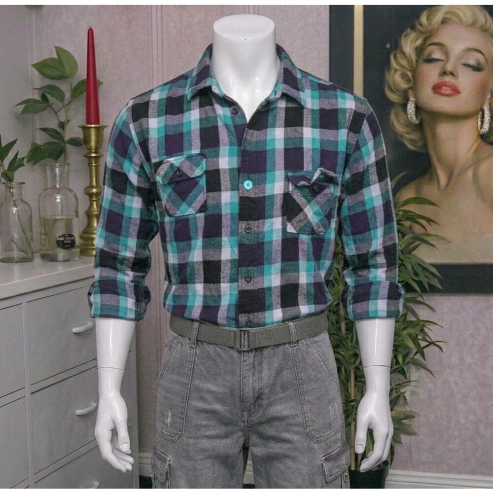 Arizona Jean Co. Teal Navy Plaid Flannel Shirt - XX-Large - 100% Cotton